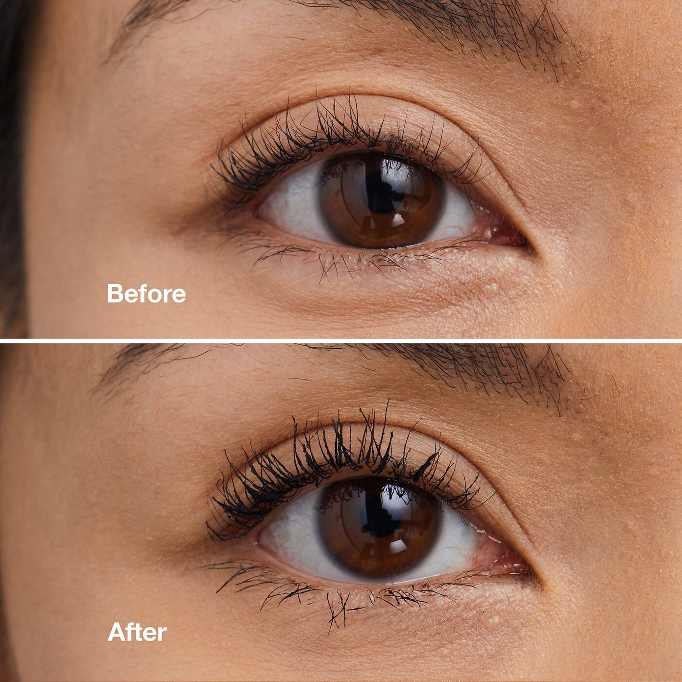 a before and after where the after shows bottom lashes that are noticeably darker