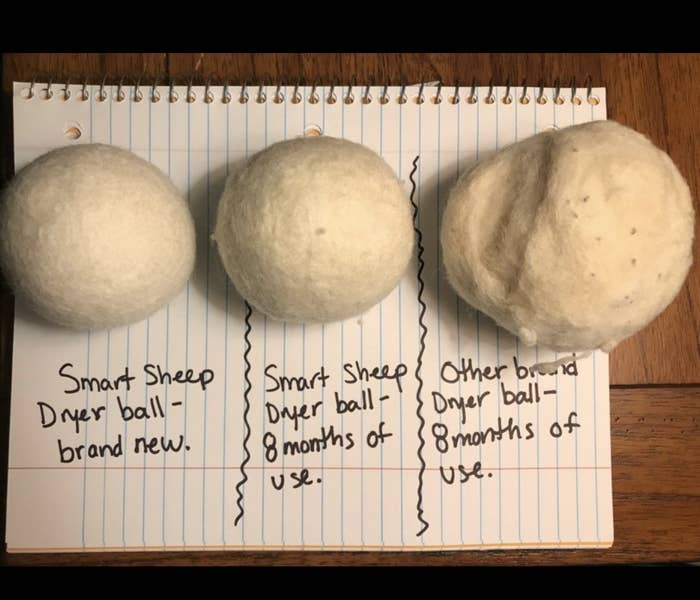Reviewer&#x27;s side-by-side comparison showing these dryer balls looking almost identical between brand new and eight months of use while a different brand is unraveled and expanded after eight months of use