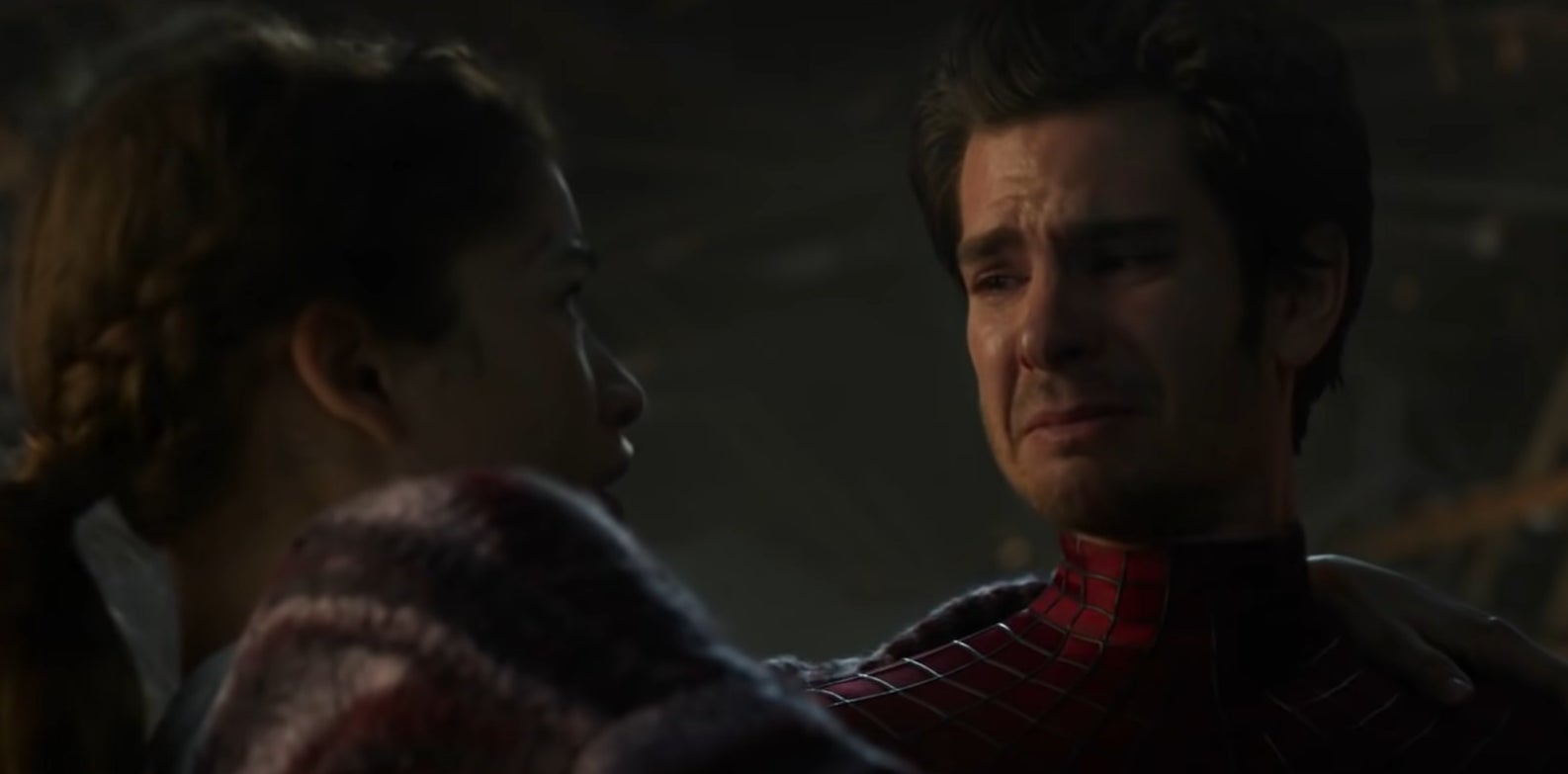 Peter-Two holding MJ in his arms in &quot;Spider-Man: No Way Home&quot;
