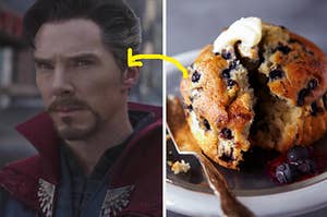 A close up of Doctor Strange as he scowls and a muffin cut in half with butter on top