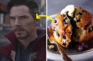 A close up of Doctor Strange as he scowls and a muffin cut in half with butter on top