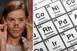 miss honey from matilda lowering her glasses on the left and the periodic table on the right