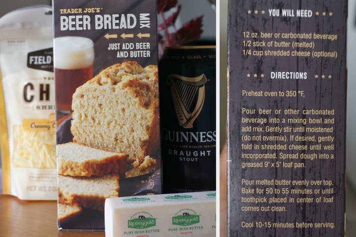 (left) Cheese, beer bread mix, a beer can, and a stick of butter (Right) Instructions to cook the beer bread