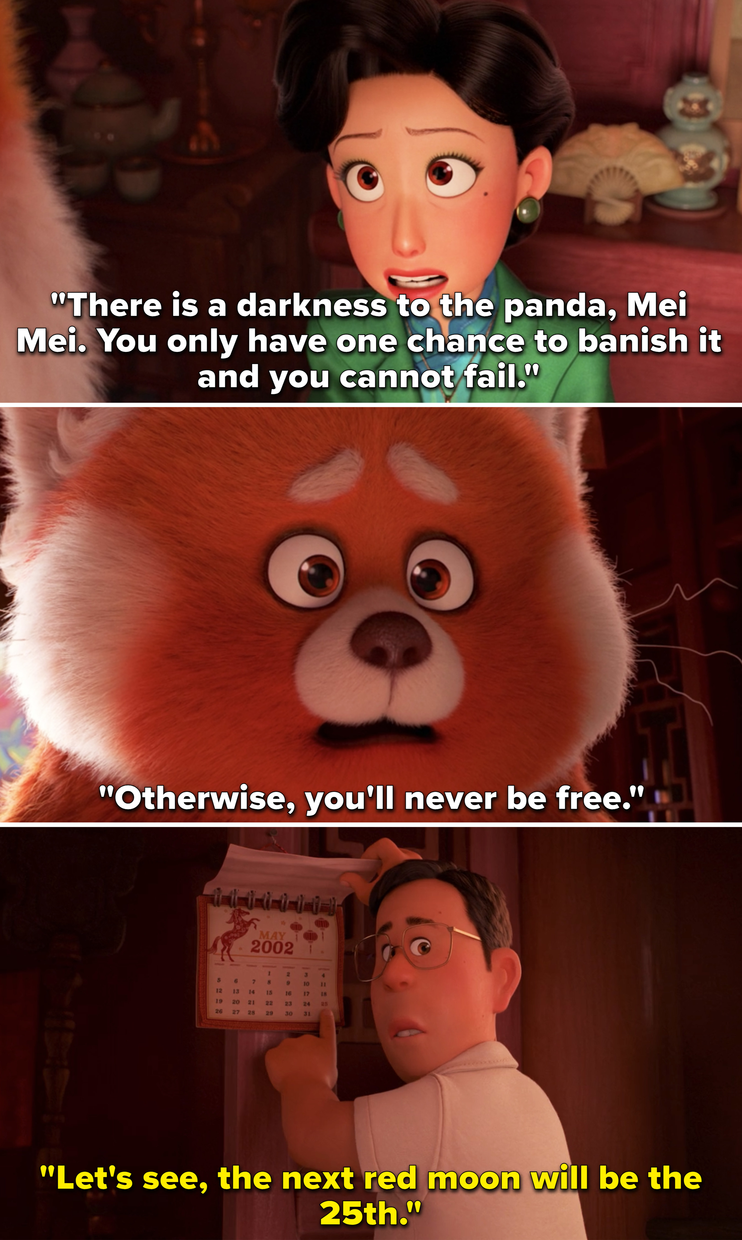 Ming telling Mei she must contain the panda, and Jin explaining the next red moon is on the 25th