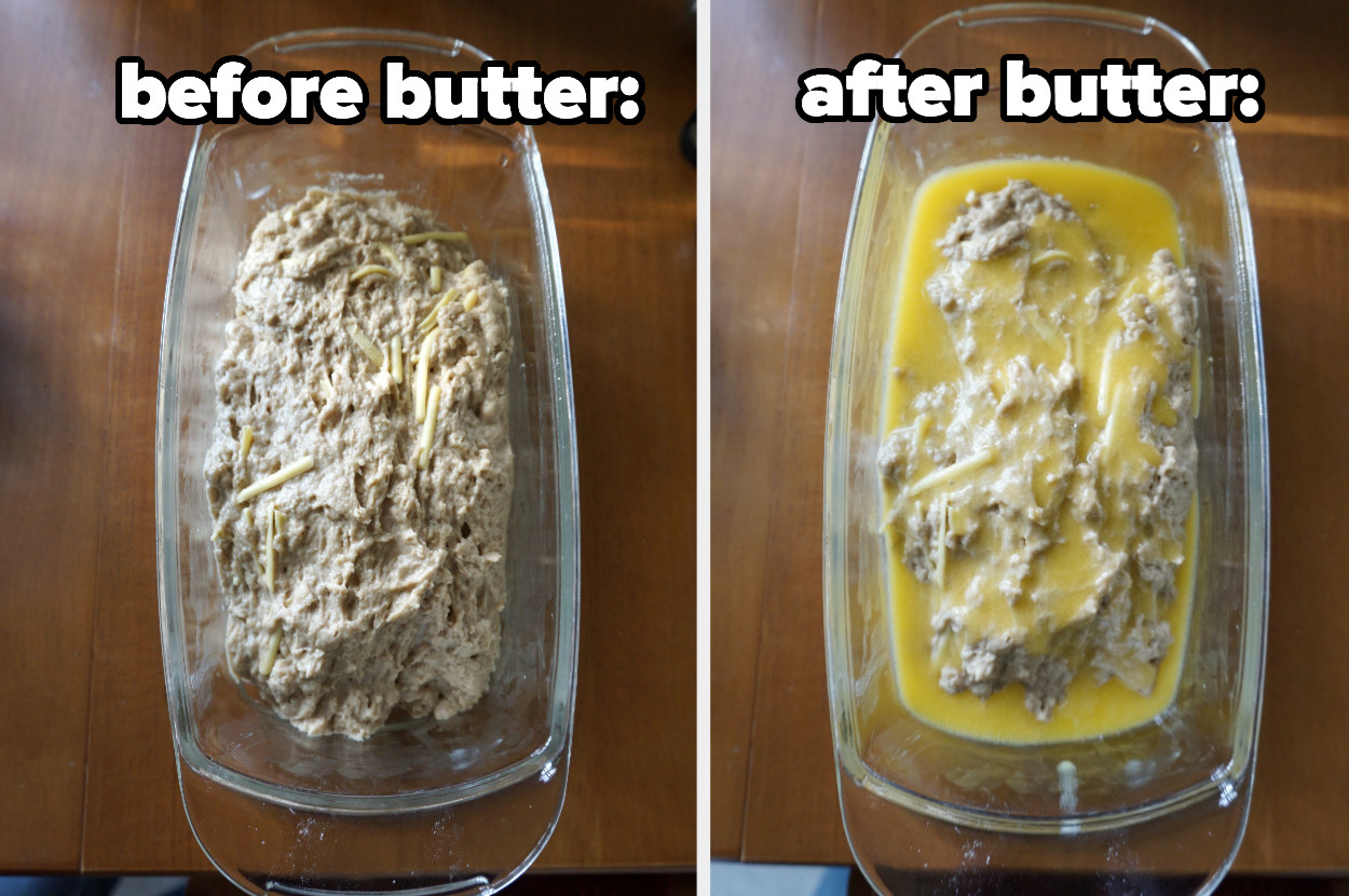 Dough in a pan before and after melted butter is added