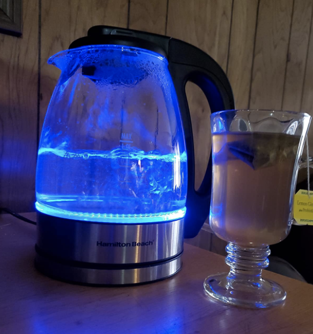 a reviewer photo of the Hamilton Beach electric tea kettle with the blue light on