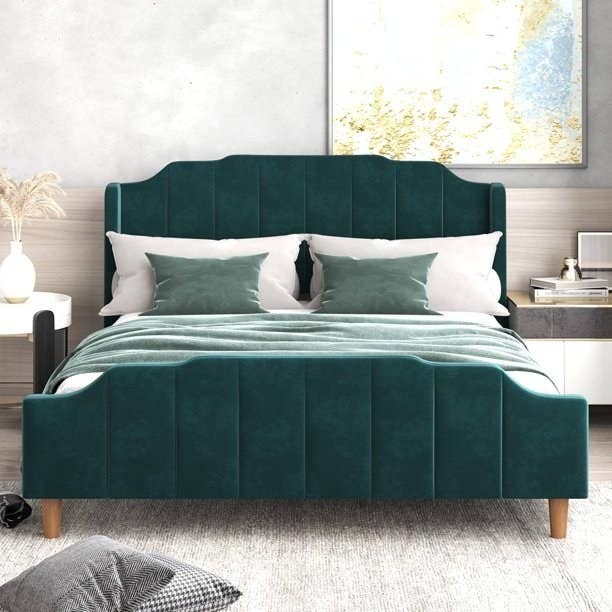 Evergreen velvet bed frame