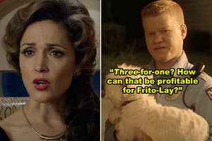 Side-by-side of Rose Byrne in "Spy" and Jesse Plemons in "Game Night"