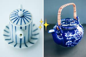 a blue and white striped teapot on the left and a dark blue teapot with white flowers on it on the right