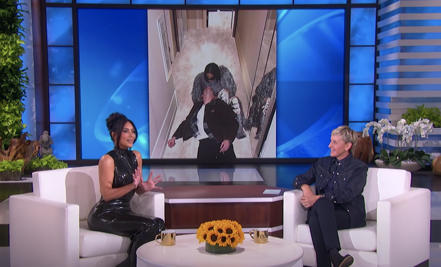 Kim sitting opposite of Ellen during their interview