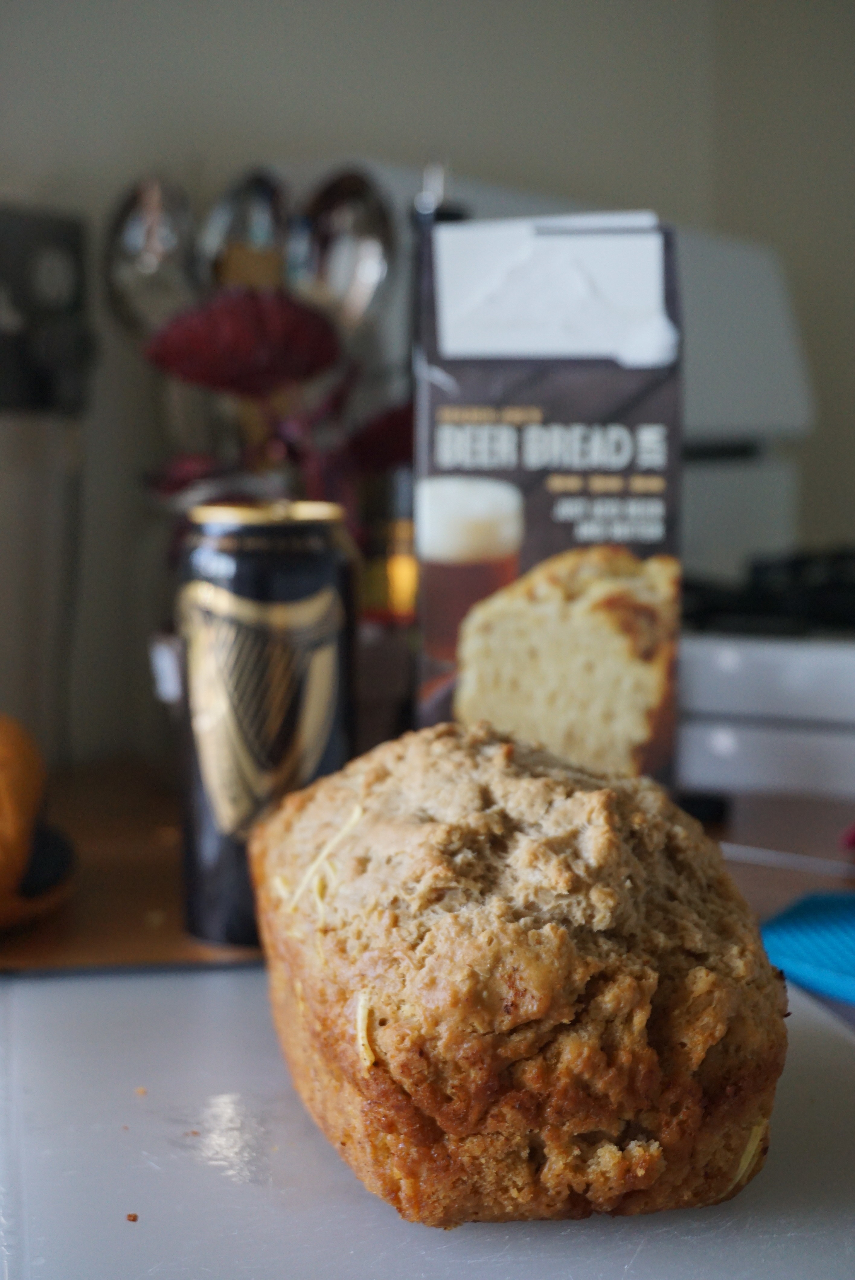The final beer bread in front of the packaging