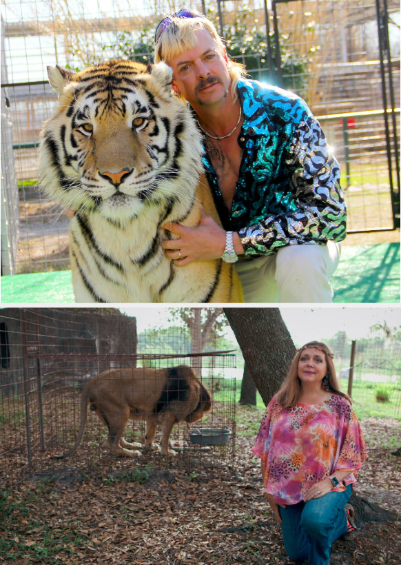 Top: Joe Exotic poses next to a tiger in &quot;Tiger King&quot; Bottom: Carole Baskin kneels beside a lion in a cage outside in &quot;Tiger King&quot;