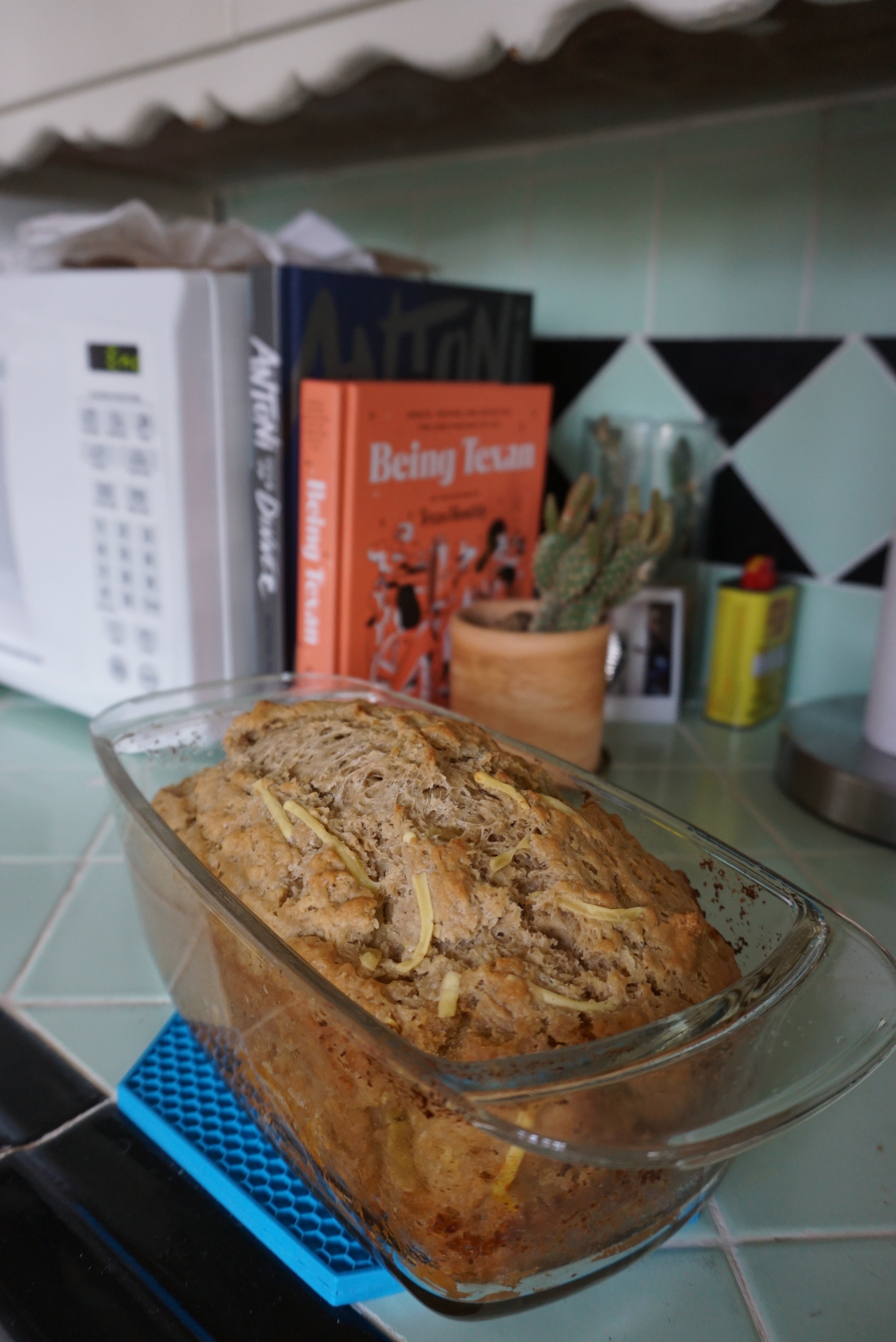 Beer bread in a glass loaf pan