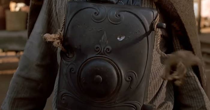 Marty wearing a piece of metal as a bullet shield in &quot;Back to the Future Part III&quot;