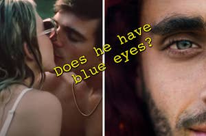 Nate and Cassie are kissing on the left with a man's eyes on the right labeled, "Does he have blue eyes?'
