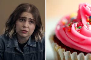 A character from "Good Girls" is on the left with a cupcake on the right