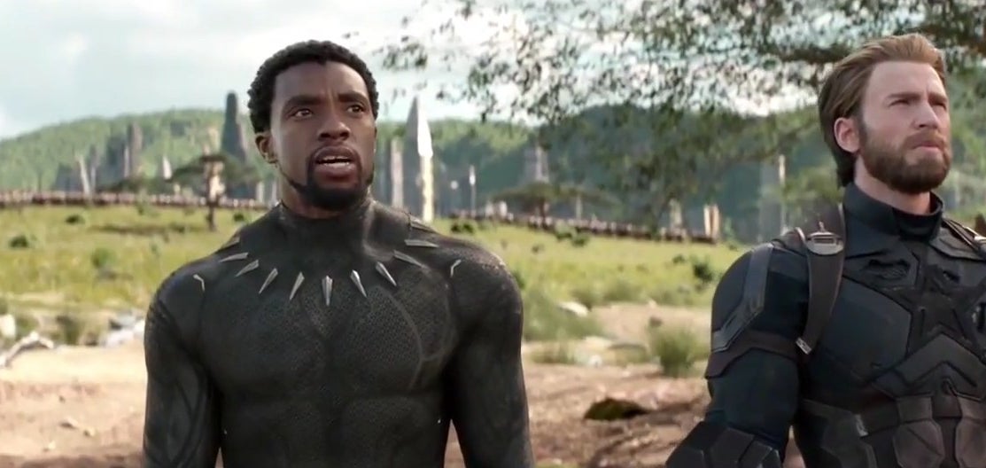 T&#x27;Challa standing next to Steve Rogers in Wakanda in &quot;Avengers: Infinity War&quot;