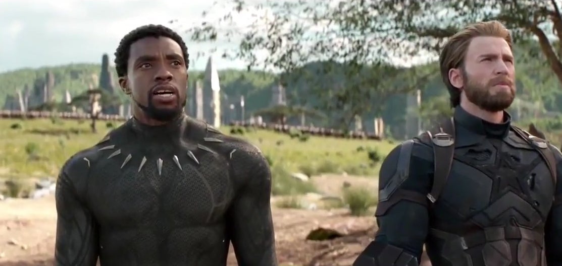 T&#x27;Challa standing next to Steve Rogers in Wakanda in &quot;Avengers: Infinity War&quot;