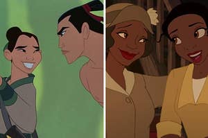 Mulan is on the left with Li Shang with Princess Tiana and her mom on the right