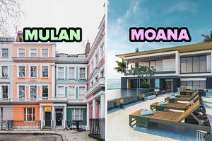 On the left, some bright rows houses on the corner of a street on a cloudy day labeled Mulan, and on the right, a modern home near the beach with a pool out back labeled Moana