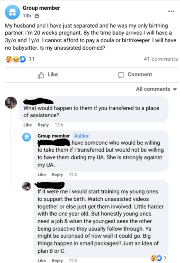 A woman saying she&#x27;s doing an unassisted birth alone, and another woman commenting that she should teach her toddler how to help