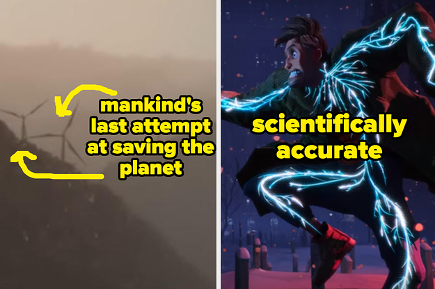 Arrows towards trashed wind turbines with text, "mankind's last attempt at saving the planet," and an illuminated nervous system labeled "scientifically accurate"