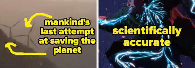 Arrows towards trashed wind turbines with text, "mankind's last attempt at saving the planet," and an illuminated nervous system labeled "scientifically accurate"