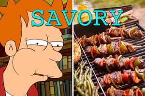 A man is chewing on the left labeled, "savory" with kabobs on the right