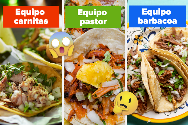 La imagen está dividia en tres, con tres tipos de tacos diferentes; el primero de carnitas, el segundo de pastor y el tercero de barbacoa