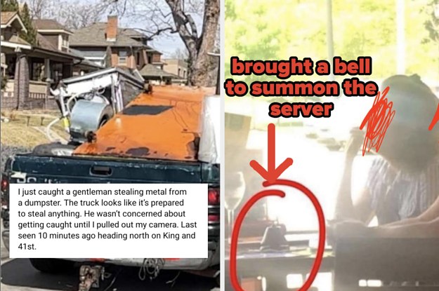 karen at a restaurant with a bell to summon the server and a complaint about a man "stealing" trash