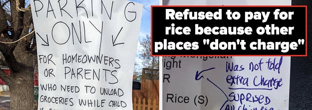 tired mom parking only sign captioned "Trying to restrict non-moms from parking in your neighborhood" and receipt with note written on about charging for rice captioned "refused to pay for rice because other places 'don't charge'"