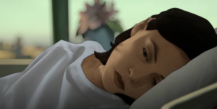 An illustration of a woman lying sideways in a hospital bed and looking sad