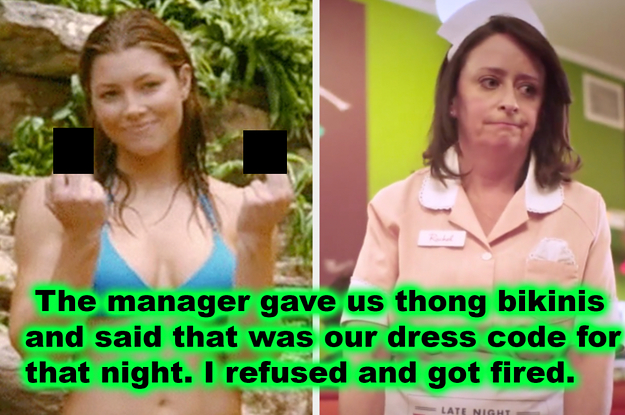 jessica biel in bikini giving middle fingers and Rachel Dratch dressed as a waitress captioned "The manager gave us thong bikinis and said that was our dress code for that night. I refused and she let me go"
