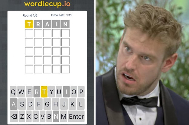 On the left, a screenshot of WordleCup, and on the right, Shayne from Love Is Blind cocking his head to the side, confused