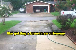 A reviewer's dirty driveway before using the product / A reviewer's driveway notably cleaner after using the product
