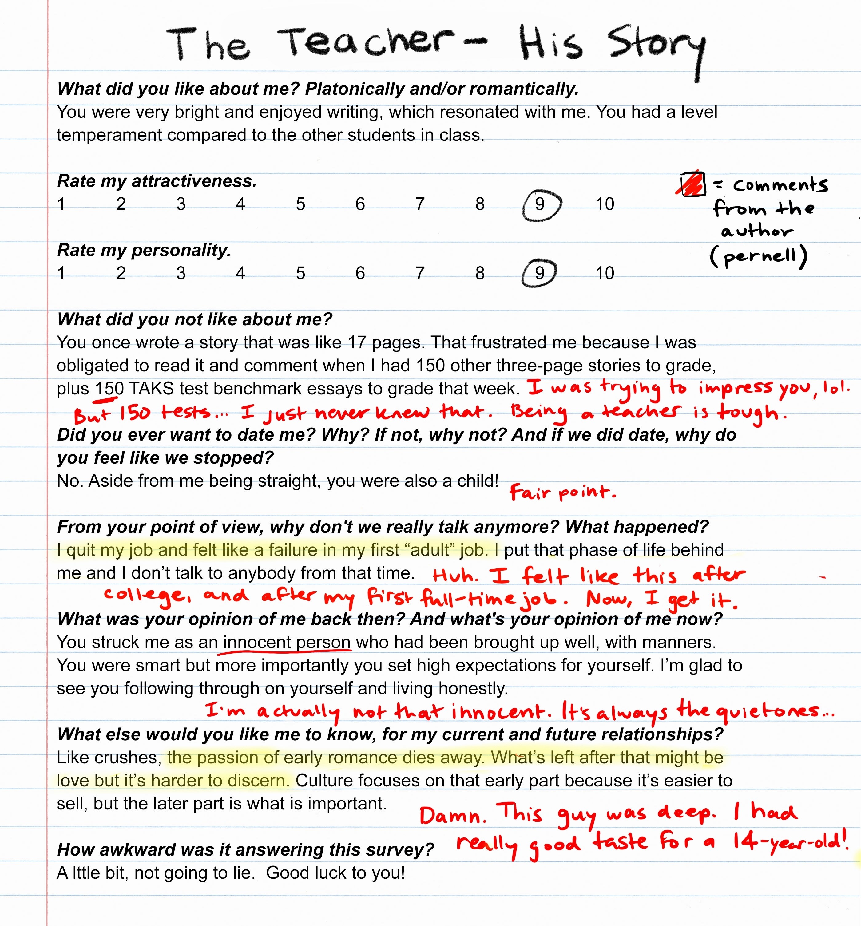 The Teacher&#x27;s survey responses on lined paper with notes from the author