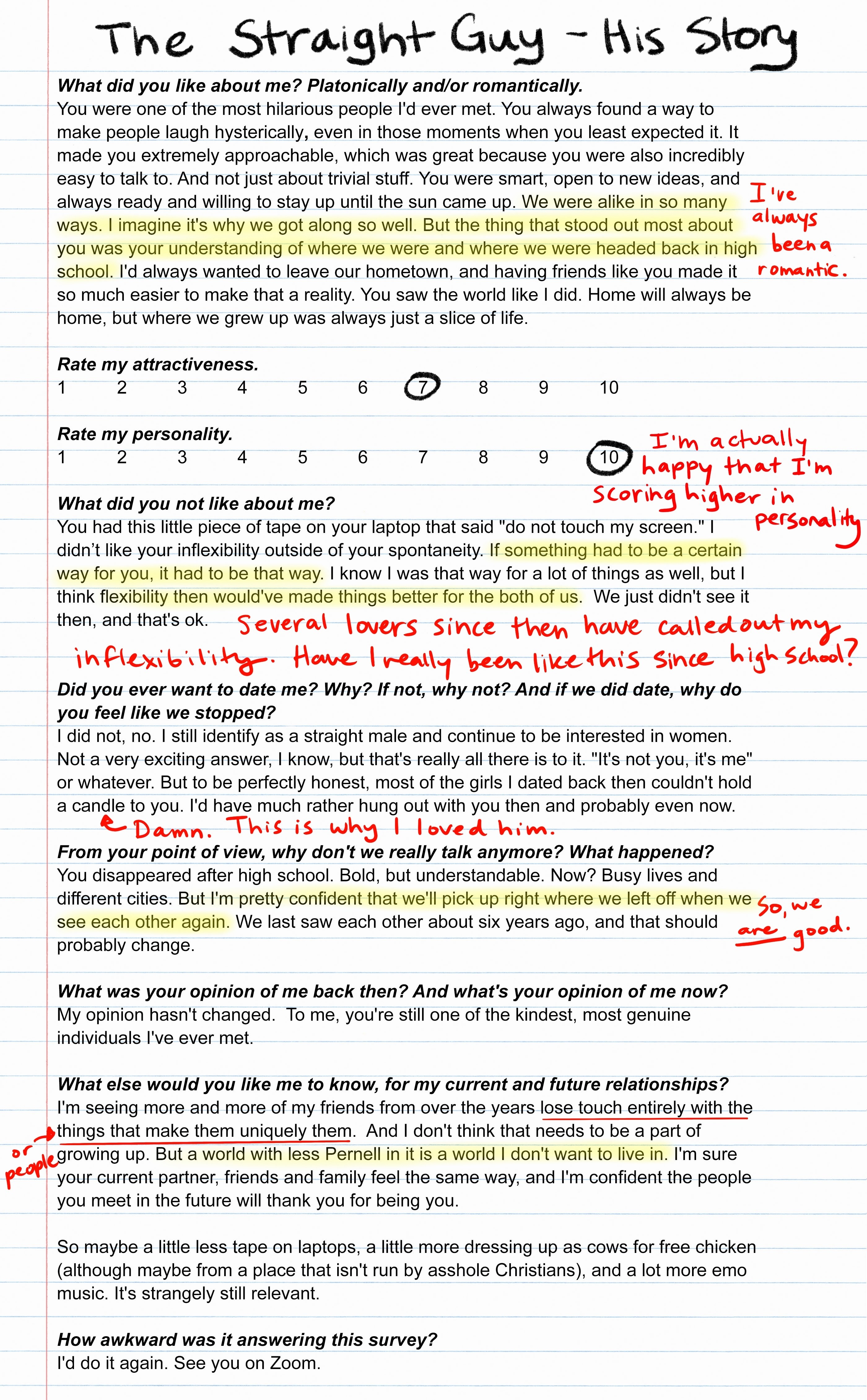 The Straight Guy&#x27;s survey responses on lined paper with notes from the author