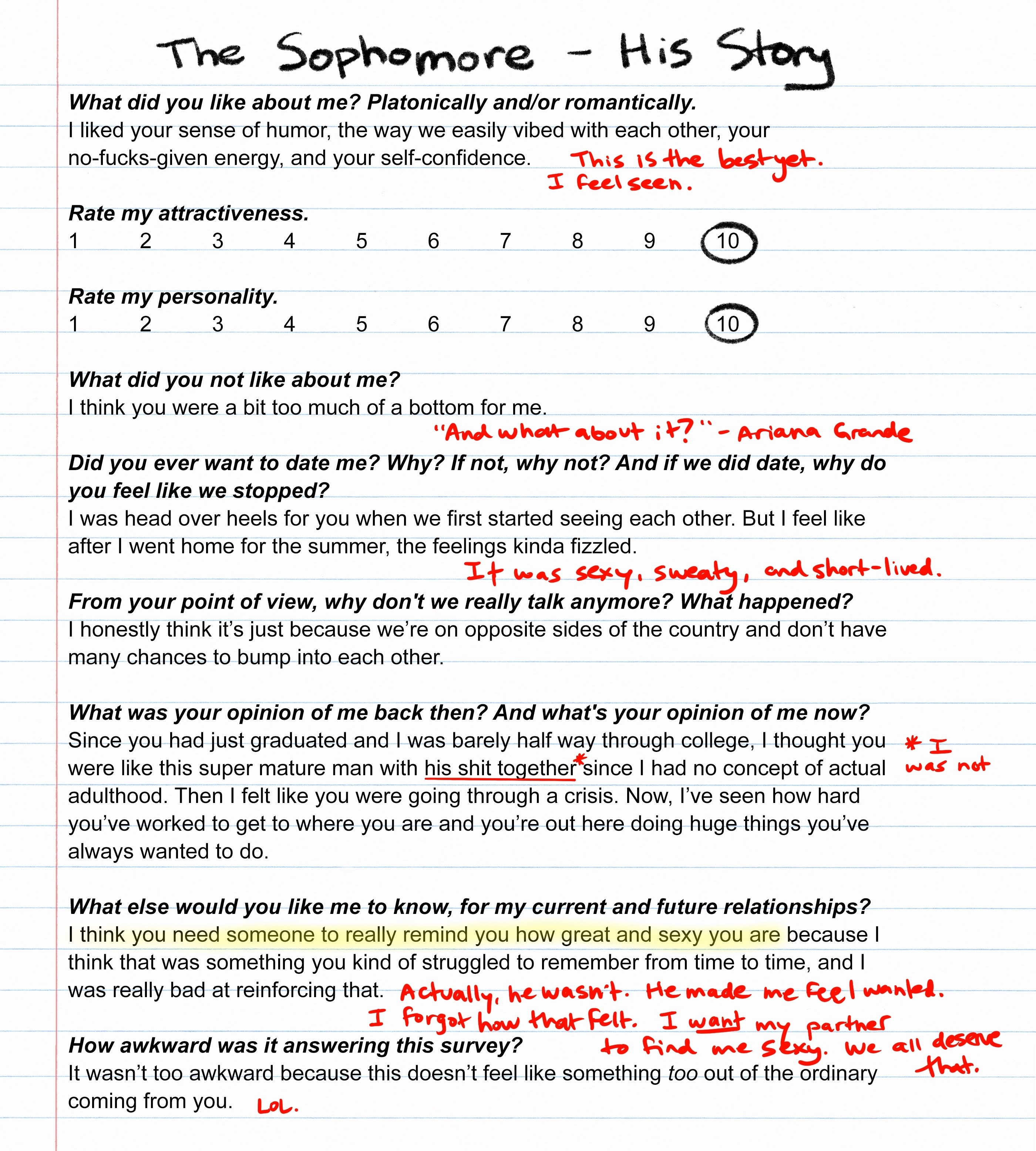 Survey results from The Sophomore with comments from the author in red
