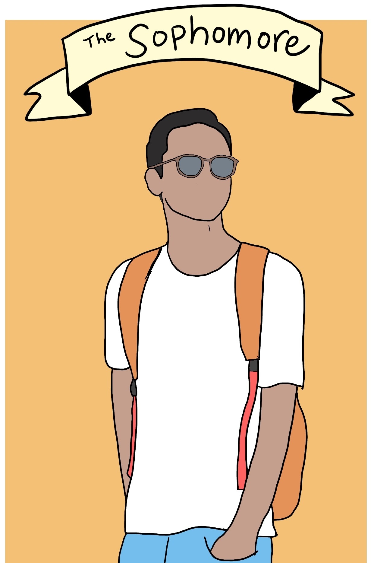 Drawing of a college student with sunglasses but no other facial features