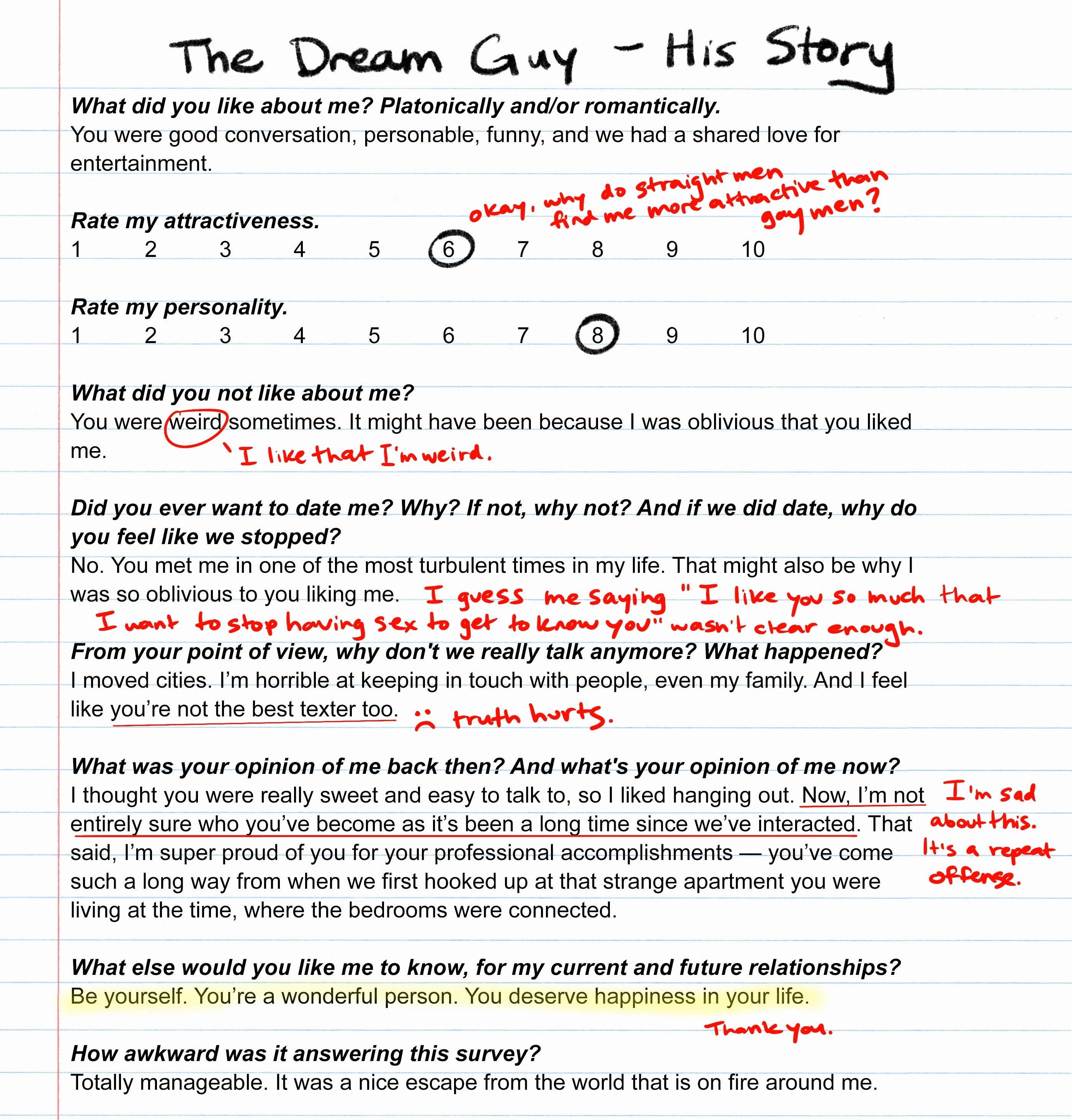 Survey results from The Dream Guy with comments from the author in red