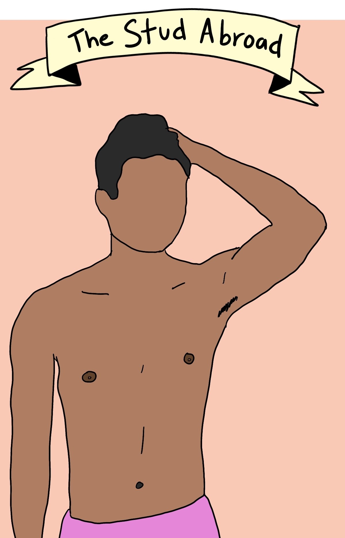 Drawing of a shirtless man with no face scratching his head