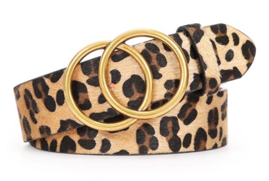 A leopard belt with a gold buckle