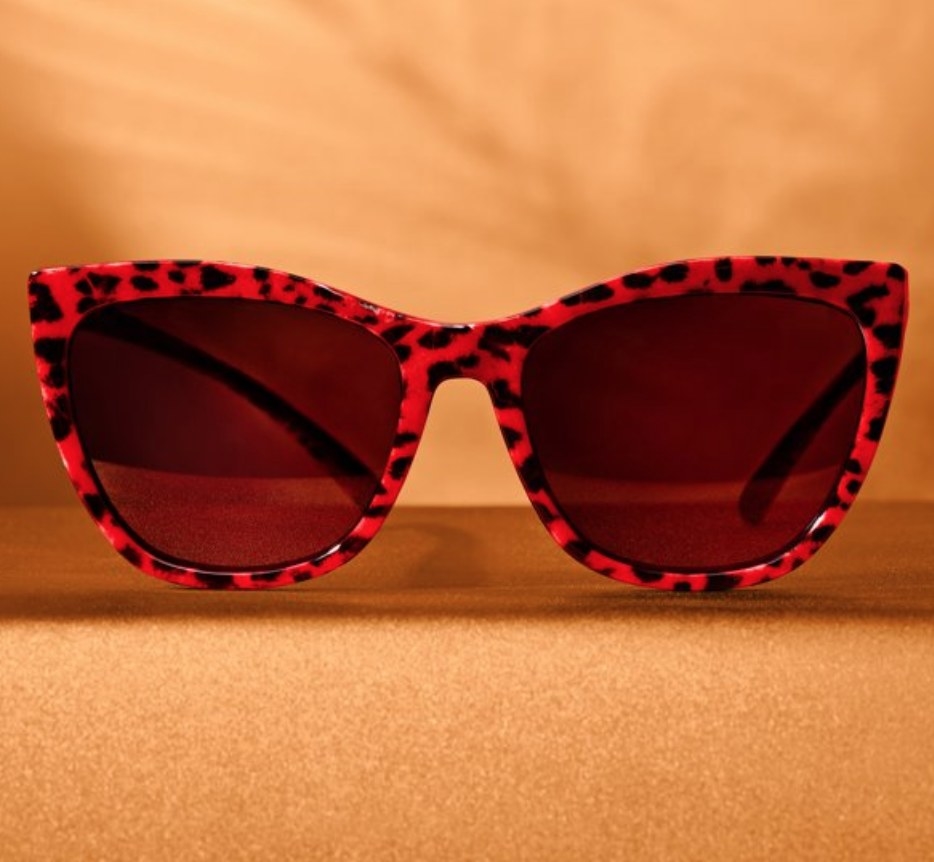 A pair of red leopard cat-eye sunglasses