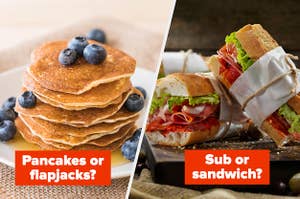 薄饼图片覆盖糖浆和蓝莓标题盘上包式三明治标注子或三明治