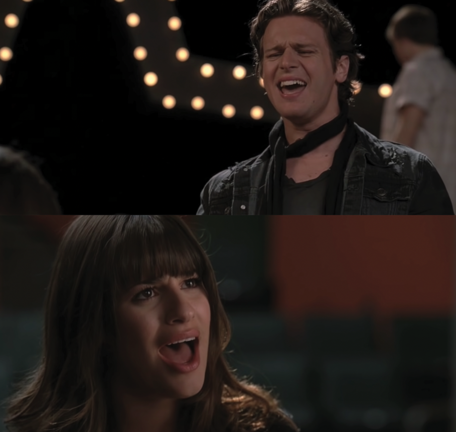 Jesse St. James wears a dark scarf and jacket as he sings. And a close up of Rachel Berry as she sings