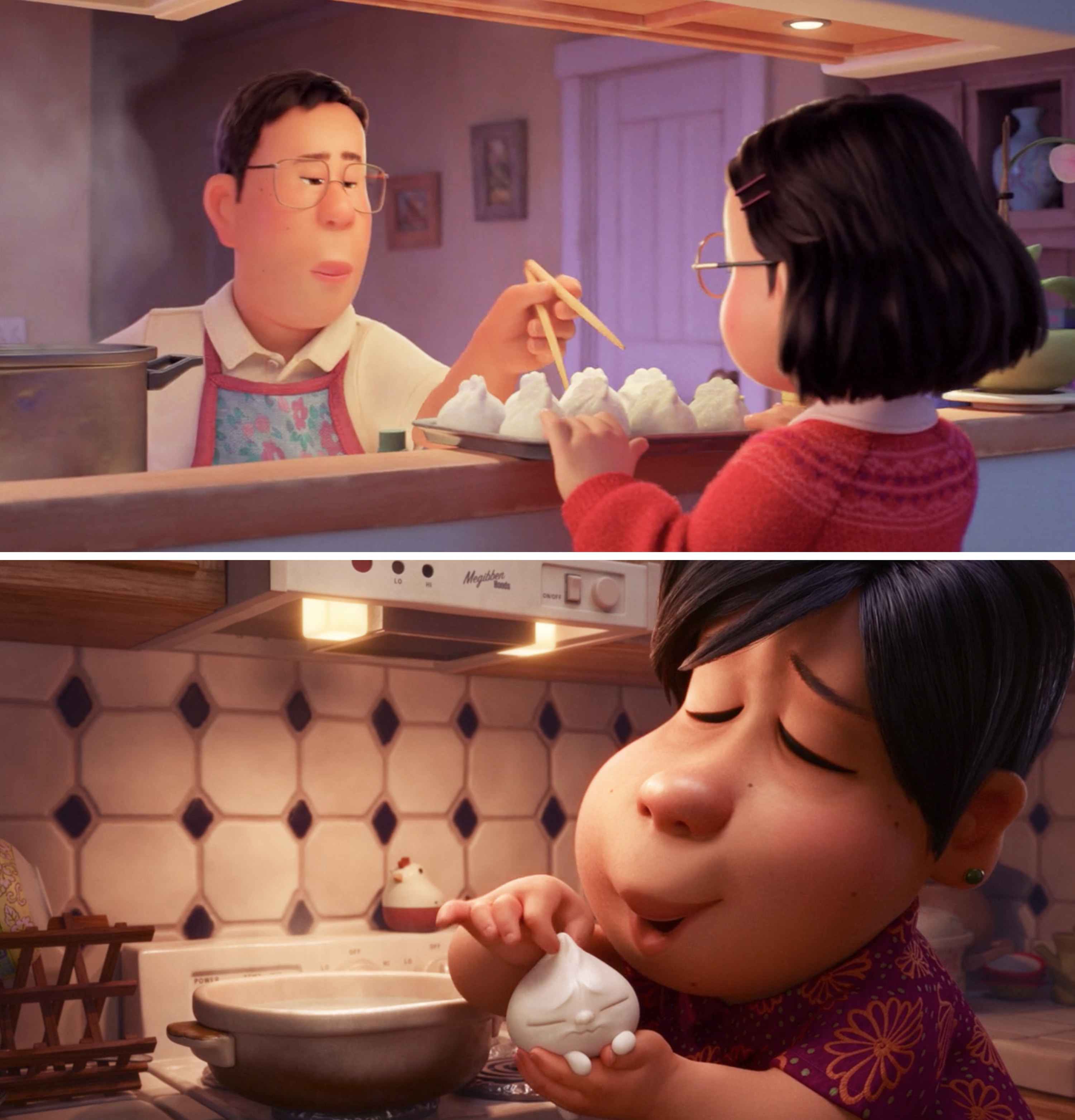Jin and Mei looking at bao buns vs the short film Bao