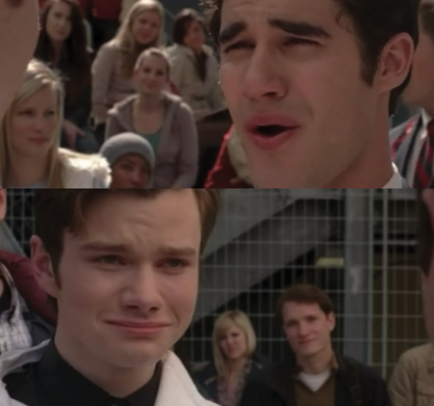A close up of Blaine Anderson as he sings and Kurt Hummel as he cries