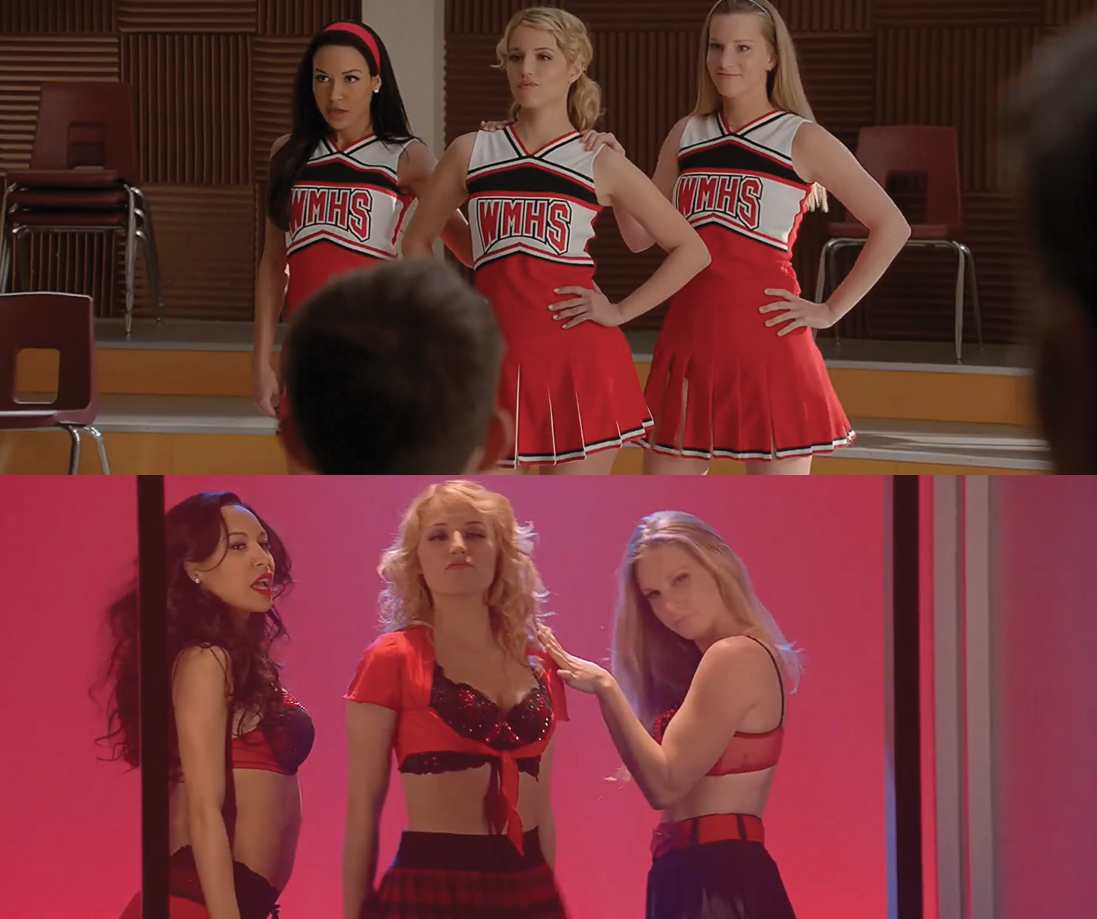 Quinn Fabrary wears her cheerleader uniform and then a sparkly bra, Santana Lopez wears her cheerleading uniform and a dark bra, and Brittany Pierce wears her cheerleading uniform and a brightly colored bralette