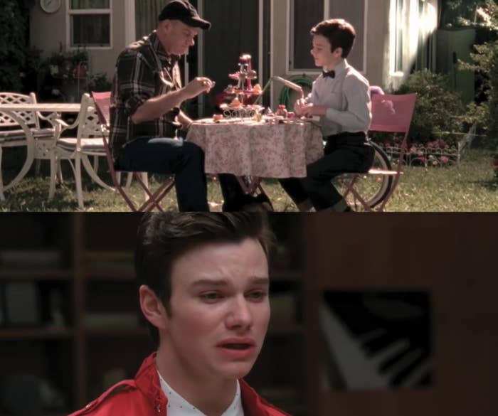 Burt Hummel hosts a tea party with his young son, Kurt, and a close up of a grown up Kurt Hummel wearing a brightly colored jacket