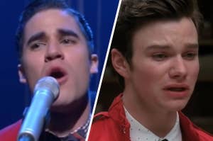A close up of Blaine Anderson as he sings into a microphone and Kurt Hummel as he sings